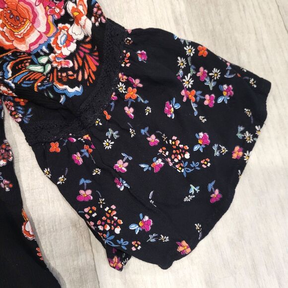 BILA Boho Ruffle Sleeve Peasant Top Size XL Black Floral Paisley Colorful Tassel - Picture 2 of 6